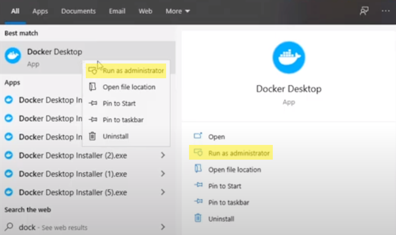 以管理员身份启动 Docker Desktop