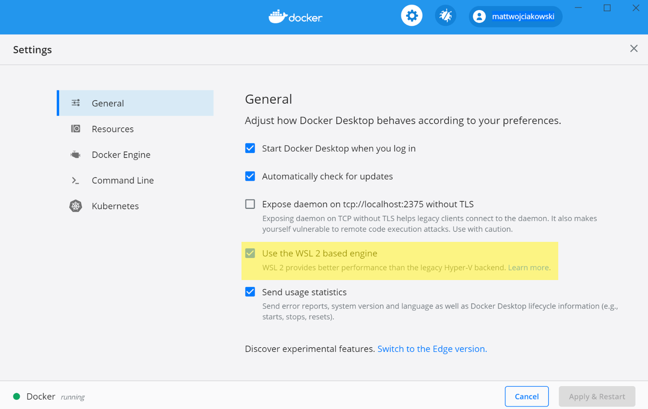 在 Docker Desktop 设置中使用基于 WSL 2 的引擎