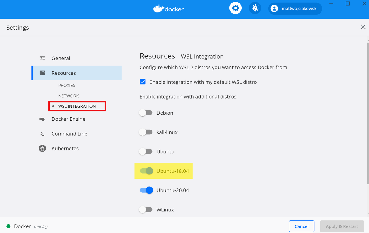 在 Docker Desktop 设置中选择 WSL 2 发行版